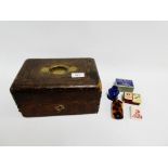 19th century leather stationary box with a brass handle and dedication plaque to top, opening to