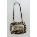 Early 19th century silver 'Sherry' decanter label with makers mark for J. Wilmore, with fruit and