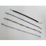 Four sterling silver tennis style bracelets to include black spinnel, aquamarine and tanzanite,