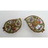 Two 19th century canton rose medallion leaf shaped dishes of graduating form, largest 19cm long, (2)