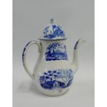 19th century blue and white pearlware coffee pot with vignette landscape panels, circa 1820, 24cm