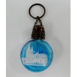Blue glass German scent bottle finely engraved in white with a scene of Cologne Cathedral, 5.5cm