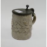 19th century German pewter mounted stoneware tankard moulded with hops and barley, 15cm high