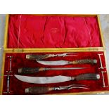 19th century five piece horn handled carving set together with four Epns knife rests all