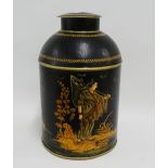 Black painted Chinoiserie cylindrical tin and cover painted with a Fisherman, 38cm high