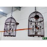 Pair of contemporary light fittings with outer bird cage frame and cut glass lustres, approx 80cm