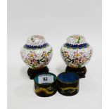 Pair of Chinese Cloisonne napkin rings with dragon pattern, together with a pair of miniature