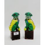 Pair of Chinese green and yellow glazed temple dogs on rectangular plinth bases, 21cm high, (2)