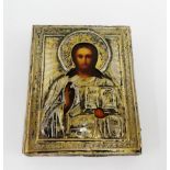 19th century Russian icon with white metal oclad depicting Jesus, 9 x 11cm