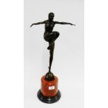 French bronze Art Deco style figure, after J. Philipp on red hardstone base, 56cm high