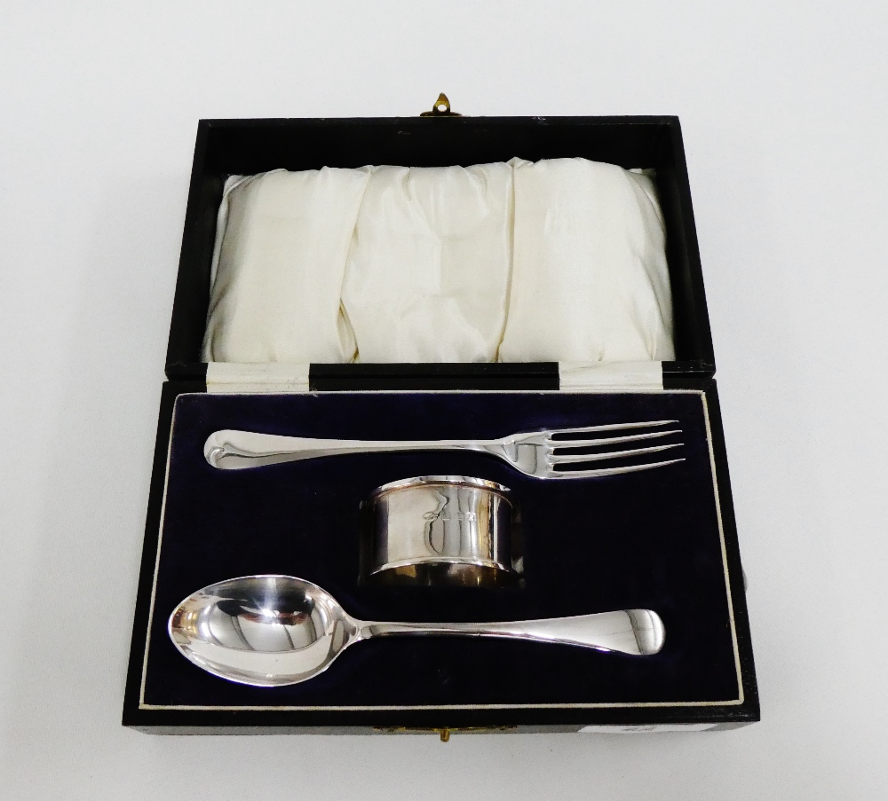 George V silver fork, spoon and napkin ring set in leather fitted case, Birmingham 1929