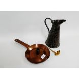 Copper chamber stick, jug and brass sauce ladle, (3)