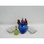 Mixed lot of glassware to include a blue glass vase, a candelabra with amethyst glass shade, a green