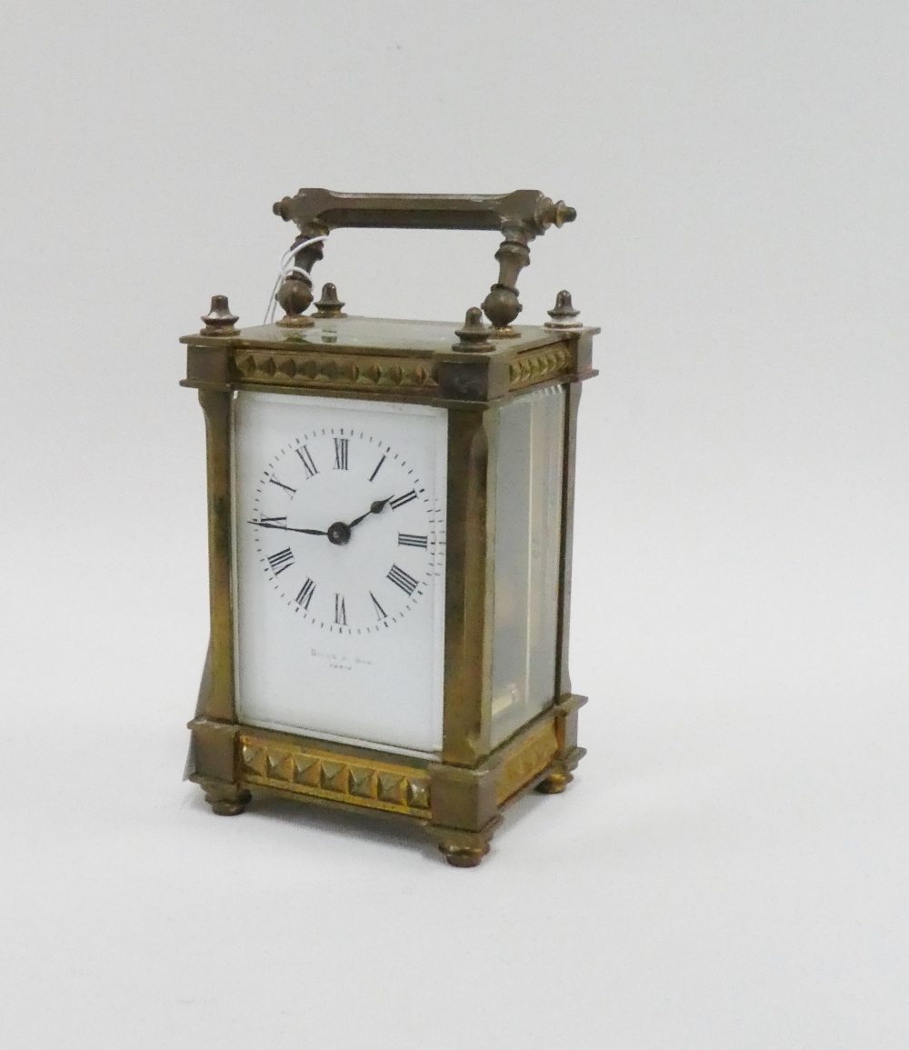 Brass cased carriage clock, the enamel dial inscribed Brooke & Son, Paris, 15cm high including