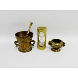 Chinese brass wares to include an egg timer, incense burner, together with a brass mortar and