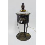 Birmingham Guild of Handicrafts oil lamp with a glass well in a pierced leaf patterned frame with