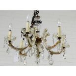 Glass six branch chandelier with hanging lustres
