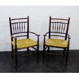 Pair of open armchairs with spindle backs and woven rush seats, 105 x 60cm, (2)