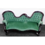 Mahogany framed spoon back settee with green buttonback upholstery, 90 x 200cm
