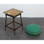 Small oak table together with a green footstool, 40 x 27cm (2)