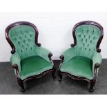 Pair of mahogany framed green upholstered buttonback armchairs, 102 x 72cm, (2)