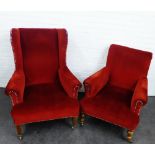 Wing back armchair with red upholstery together with another smaller, 106 x 82cm, (2)