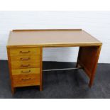 Vintage light oak desk with three short drawers, 77 x 122cm