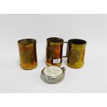 Set of three copper and brass tankards together with a small pewter hip flask, (4)