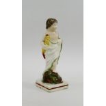 Staffordshire pottery figure of a Putto holding a bird, on a square lined base, 13cm high