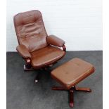 Leather revolving chair and footstool, 98 x 76cm, (2)