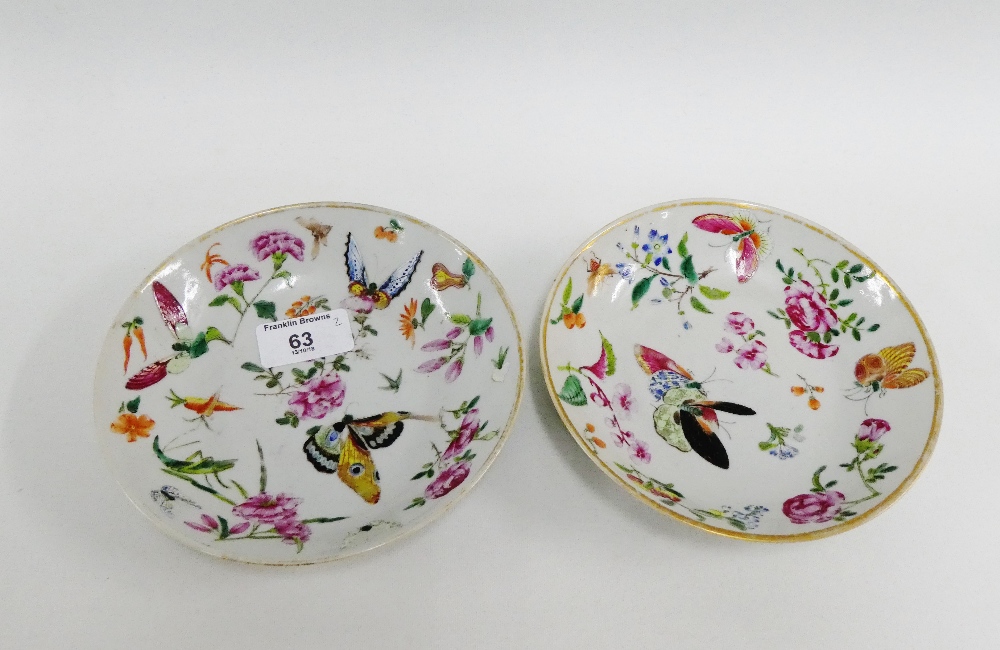 Pair of early 19th century large Canton Famille Rose enamelled saucers painted with flowers and