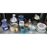 Quantity of studio pottery to include mugs, vases, jugs, candlestick, trinket dishes, etc, (a