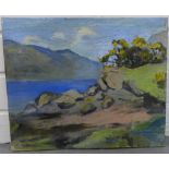 Scottish School "Flowering Gorse by a Loch" Oil-on-Board, apparently unsigned, unframed, 30 x 25cm