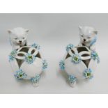 Two Continental porcelain cat and ball white glazed posy vases, 13cm high