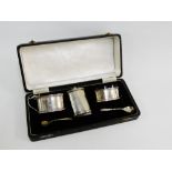 20th century silver three piece condiment set comprising pepper , mustard and salt with blue glass