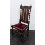 Carved oak chair with spiral twist back supports and upholstered seat, 120 x 52cm