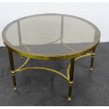 Brass framed coffee table with circular glass top, 42 x 77cm