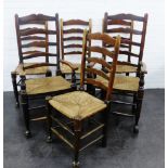 Set of six oak Lancashire ladderback chairs including two carver chairs, 112 x 53cm