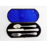 Victorian silver three piece christening cutlery set comprising knife, fork and spoon in a leather