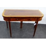 19th century mahogany and satinwood foldover tea table with a single long drawer and raised on