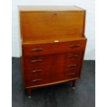 Retro teak bureau with fall front above four long drawers, 108 x 76cm