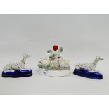 Pair of Staffordshire hound pen holders together with a swan spill vase, tallest 12cm, (3)