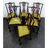 Set of six Chippendale style mahogany chairs with interlaced splat backs and upholstered slip in