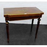 19th century rosewood and brass inlaid foldover table, on tapering fluted supports, 80 x 84cm