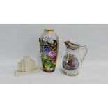 Porcelain baluster vase painted with birds and flowers, together with a Staffordshire jug and a pair