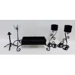 Collection of black painted iron ware to include a planter, candlesticks, etc., (5)