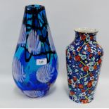 Blue and white art glass vase with a Murano paper label, 35cm high, together with a Staffordshire