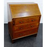 Mahogany bureau the fall front above three long drawers, raised on bracket feet, 97 x 78cm