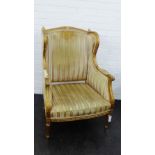 Gilt wood framed armchair with striped upholstered back, arms and seat 100 x 70cm