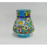 French Longwy style enamelled vase with stylised flowers and swans, apparently unmarked, 17cm